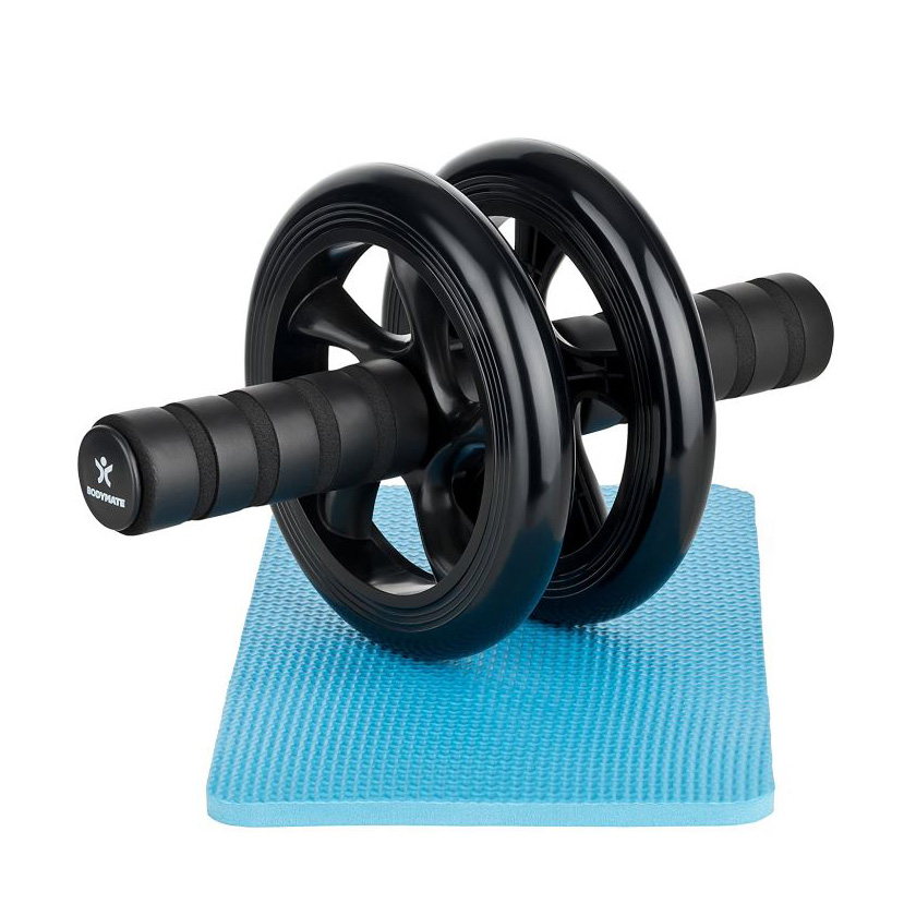 腹部运动滚轮-经典黑色-带泡沫手柄的双轮-包括超厚护膝-腹轮